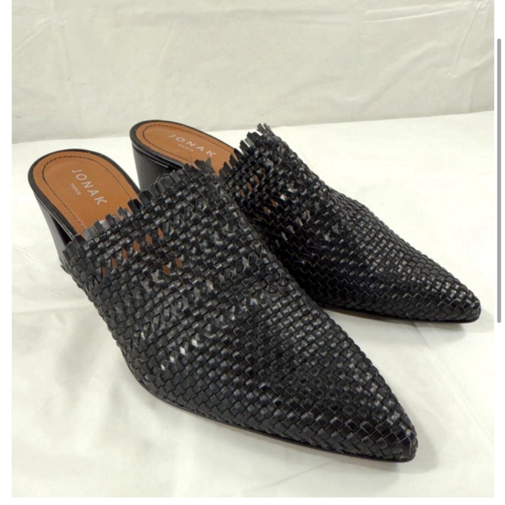 Jonak Italian Leather Black Woven Mules